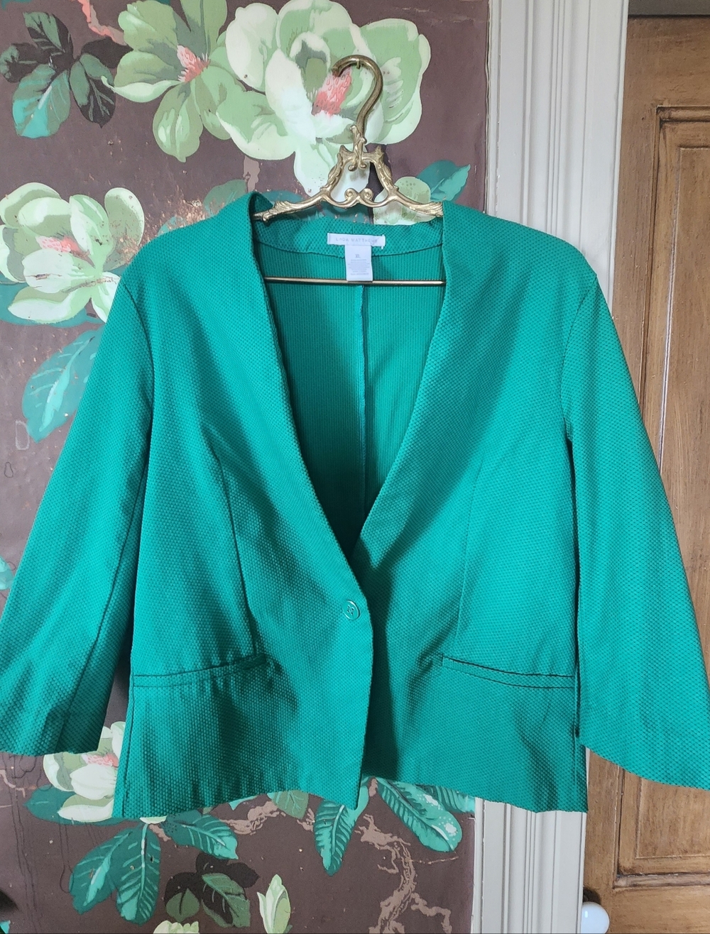 Linda Matthews Green Textured Blazer Jacket Womens XL Cropped Open Front Career